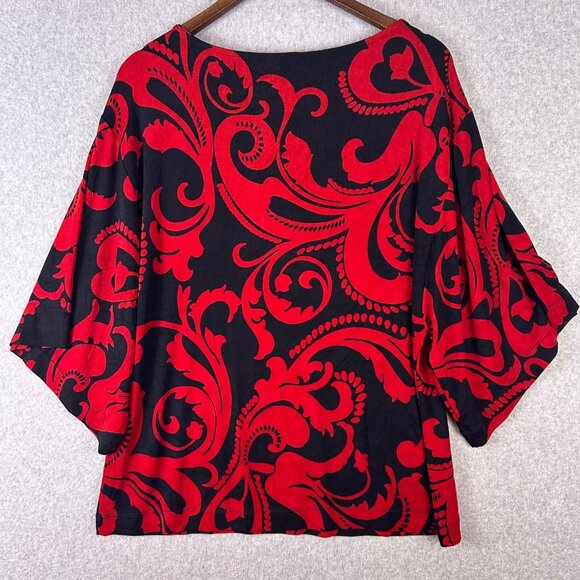 Chico's Travelers Top Women Large Black Red Scroll Print Kimono Sleeve Cocktail - Picture 1 of 11